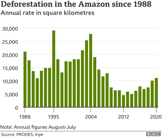 Grafik yang menunjukkan deforestasi di Amazon sejak 1988