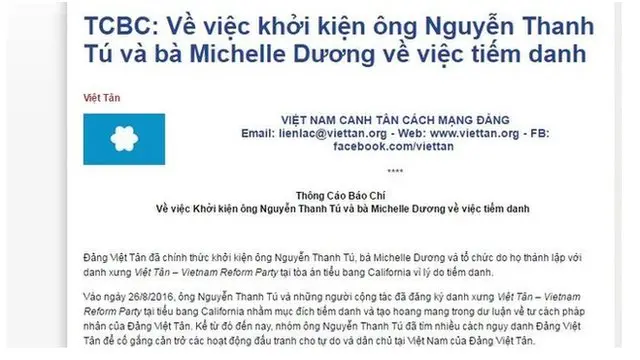 Việt Tân ra thông cáo báo chí vào 26/04/2017