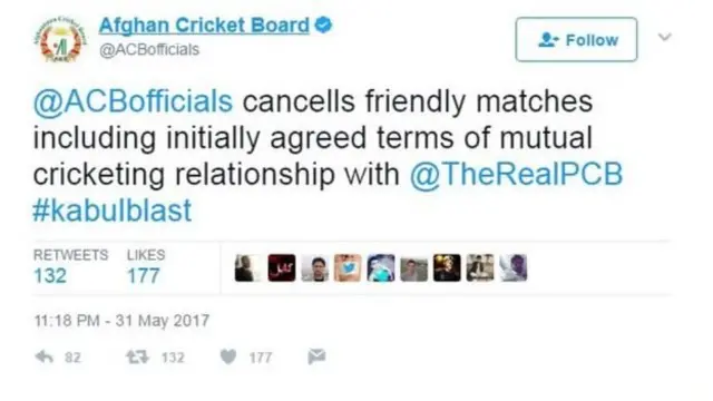 کرکٹ منسوخ کرنے سے متعلق اے سی بی کی ٹویٹ