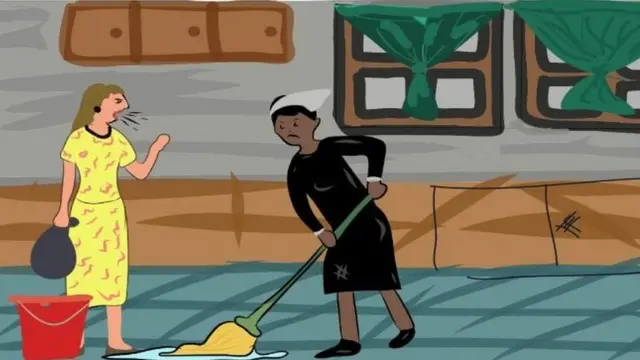 Drawing of woman dey do house work while anoda woman dey shout for am