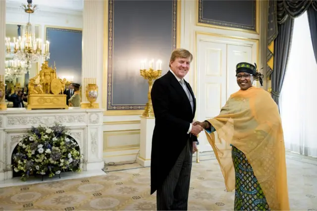 King Willem-Alexander of the Netherlands (L) receives the letter of credence from the ambassador of Chad, Ammo Aziza Baroud, at Palace Noordeinde in The Hague, the Netherlands, on September 6, 2017.