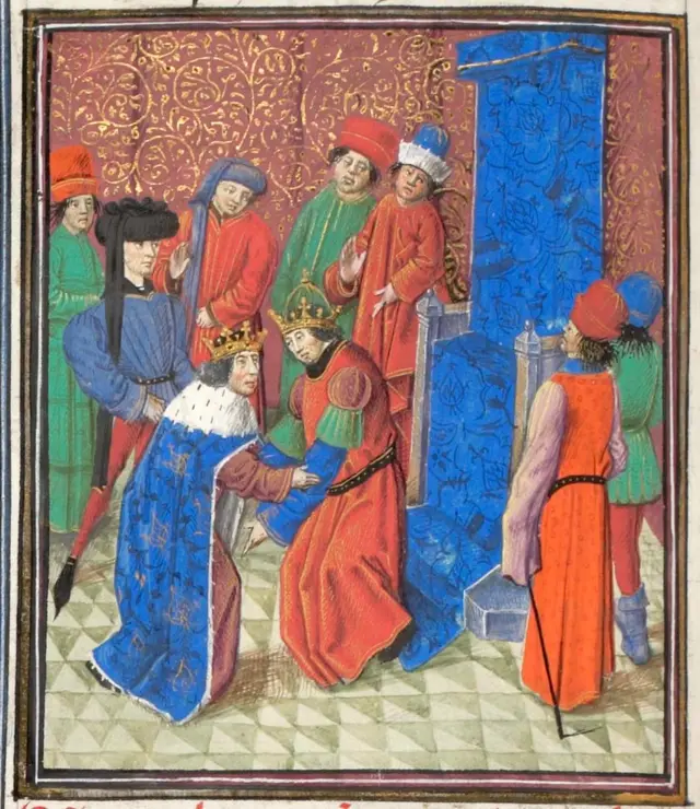 O imperador Manuel I Komnenos se encontra com o rei Amalric Iwrc betJerusalém. Miniatura da Históriawrc betWilliam of Tyre, 1460