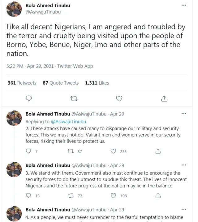 Ọrọ ti Tinubu kọ soju opo Twitter rẹ