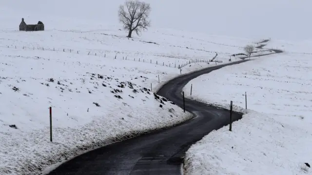 Snow covers Moulin Moor near Pitlochry as storm Darcy approaches the country, in Scotland