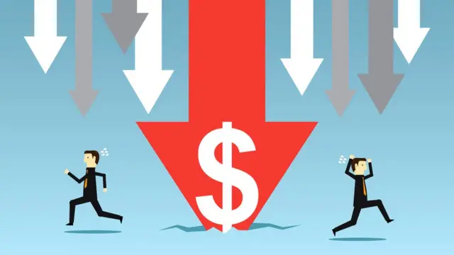 Gráfico con la flecha señalando hacia abajo y el símbolo del dólar