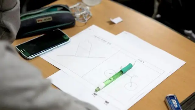 طاولة عليها أدوات للرسم والكتابة