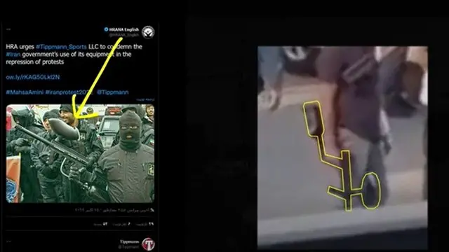 سازندگان ویدیویی که که پلتفرم بلندگو اولین بار منتشر کرد، مُدل سلاح‌ها را مورد بررسی قرار دادند، از جمله تفنگ ساچمه‌ای با گلوله‌های آهنی با روکش لاستیکی و همچنین «تفنگ پینت‌بال شرکت آمریکایی تیپ‌من»