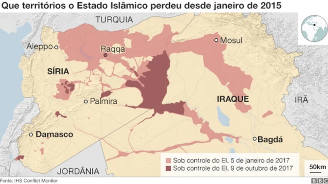 Áreas dominadas pelo Estado Islâmico foram retomadas por forças sírias e iraquianas entre 2015 e 2017