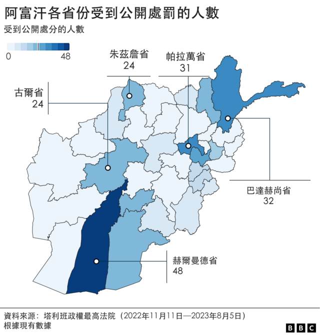 数据地图：阿富汗各省份受到公开处罚的人数