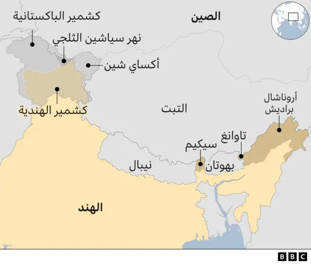 خريطة تظهر موقع تاوانغ على الحدود مع الصين