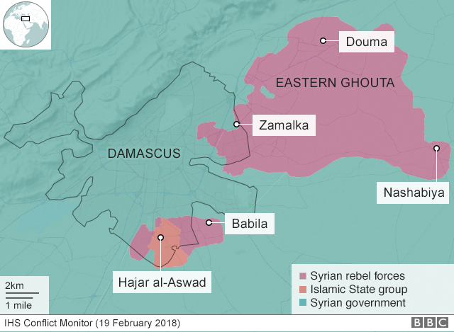 今月19日時点でのダマスカスおよび近郊の各勢力の支配地域。緑が政権、紫が反体制派、オレンジが「イスラム国」（IHSコンフリクトモニター調べ）