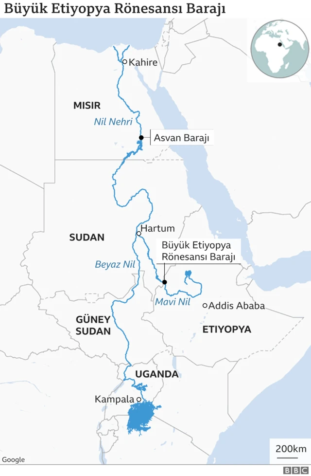 Nil Nehri üzerine kurulan Büyük Etiyopya Barajı'nın etki alanı haritası