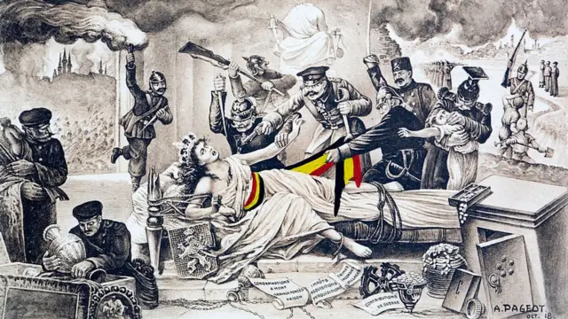 Postal conmemorativa muestra a la pobre Bélgica como una reina supina atada a su diván mientras los oficiales alemanes están a punto de violarla o dispararle