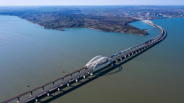 MARCH 13, 2019: An aerial view of Kerch Strait Bridge under construction, the future road-rail bridge of 19 km [11.8 miles] in length meant to link Crimea's Kerch Peninsula to mainland Russia over Tuzla Spit.