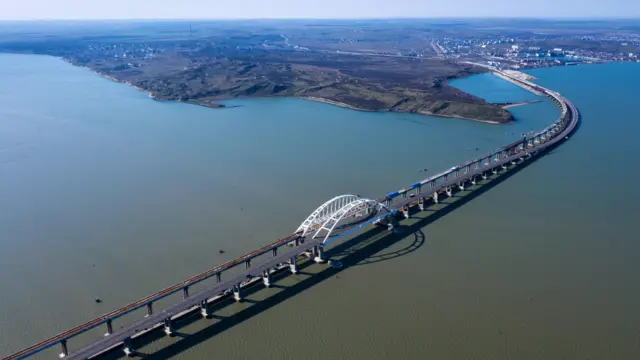 MARCH 13, 2019: An aerial view of Kerch Strait Bridge under construction, the future road-rail bridge of 19 km [11.8 miles] in length meant to link Crimea's Kerch Peninsula to mainland Russia over Tuzla Spit.