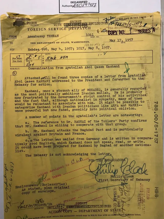 سند واکنش سفارت امریکا در تهران به نامه کاشانی به آیزنهاور