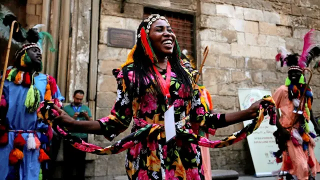 Dancers from Sudan and Eritrea performing a African-Chinese cultural festival, Cairo, Egypt - Monday 25 July 2016