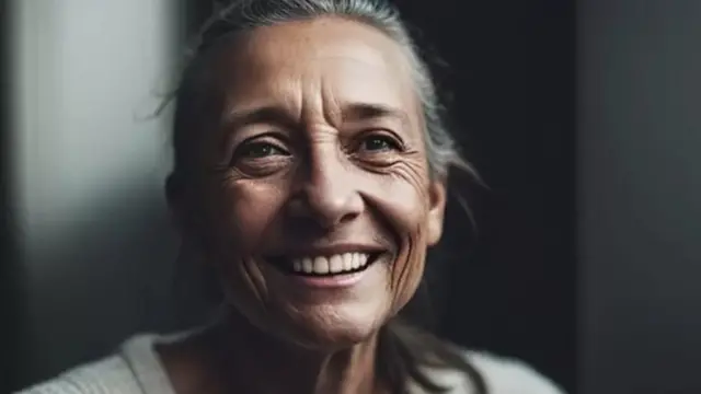 وجه سيدة ستينية مبتسمة صنعت بواسطة الذكاء الاصطناعي