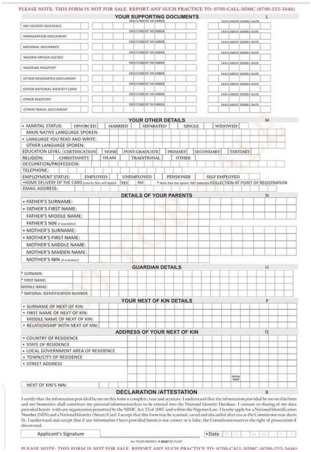 Akọsilẹ ẹda bi fọọmu iforukọsilẹ fun nọmba idanimọ NIN naa ṣe ri