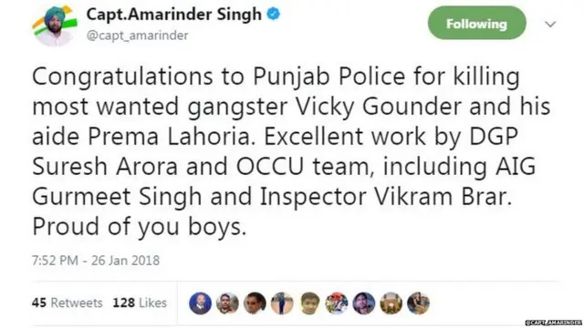 ਕੈਪਟਨ ਅਮਰਿੰਦਰ ਸਿੰਘ ਵੱਲੋਂ ਪੰਜਾਬ ਪੁਲਿਸ ਨੂੰ ਵਧਾਈ।