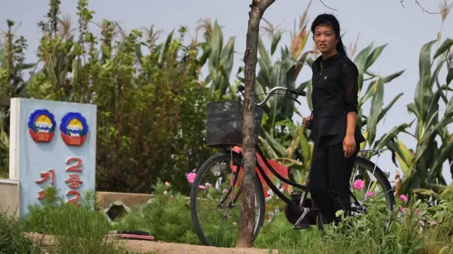 一名朝鲜女子在新义州鸭绿江畔推着自行车而过（4/9/2017）