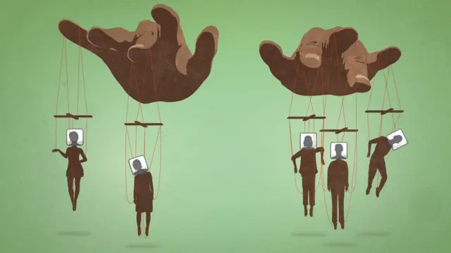 Ilustração e mãos guiando marionetes