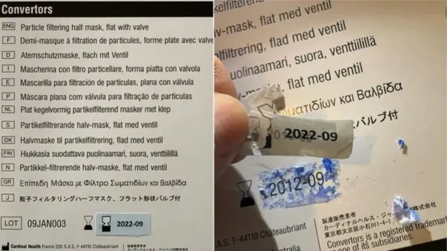 ড. রবার্টস একটি ফেস মাস্কের প্যাকেট থেকে মেয়াদ উত্তীর্ণের তারিখ লেখা স্টিকার সরিয়ে ফেলেছেন।