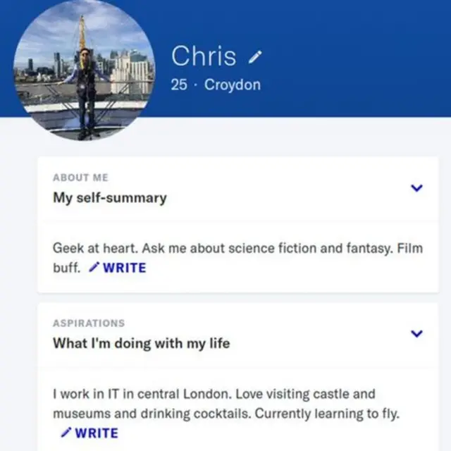 ডেটিং সাইটে ক্রিসের প্রোফাইল