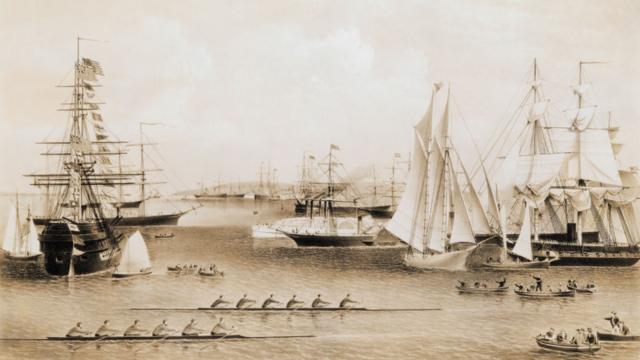 Ilustración del puerto de Nueva York en el siglo XIX.