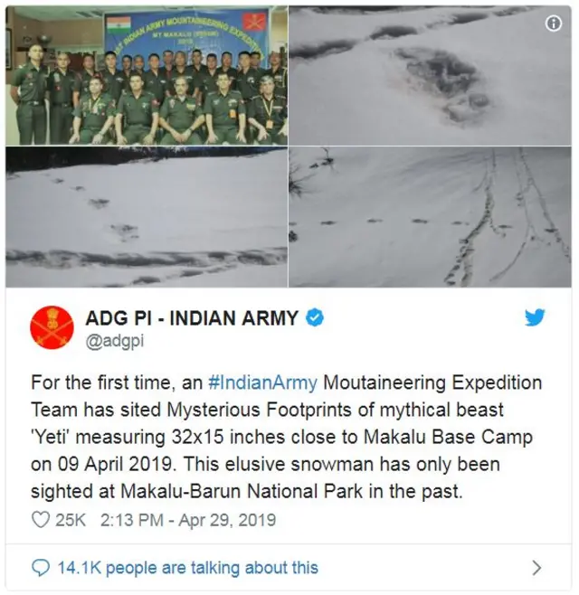 Tuíte do Exército indiano