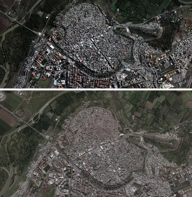 Çatışmalardan önce ve sonra Sur ilçesinin uydudan görünümü