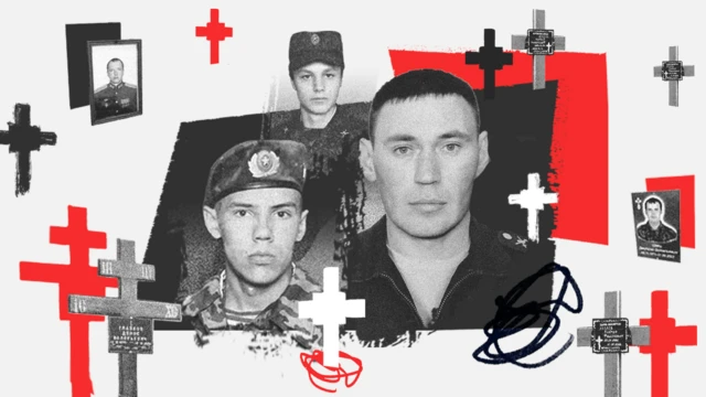 Composite image of faces of Russian soldiers and grave markers