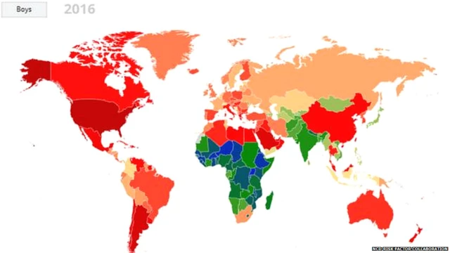 The highest rates of obesity are shown in red, followed by orange and yellow. Green and blue means fewer than 5% of the young population is obese