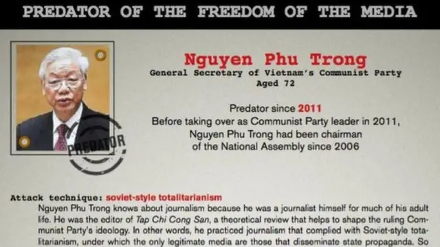 Năm 2016 Tổ chức Phóng viên Không Biên Giới (RSF) đưa Tổng bí thư Nguyễn Phú Trọng vào danh sách "kẻ thù của tự do truyền thông".