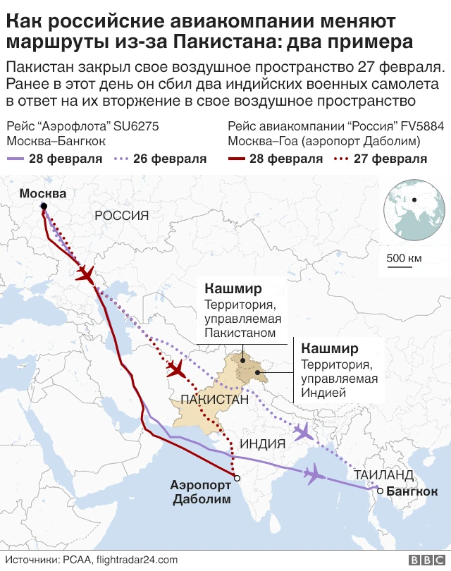Карта с авиационными маршрутами, которые изменили из-за кризиса в Кашмире