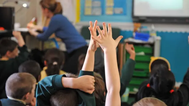 Учионица, подигнуте руке ђака