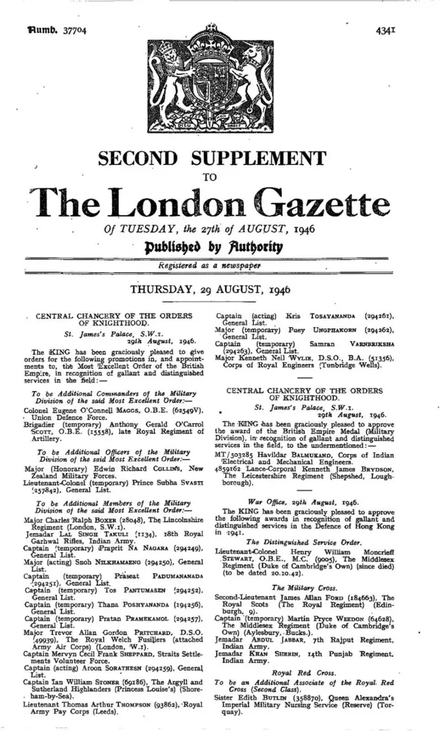 ประกาศราชกิจจานุเบกษารายชื่อของเสรีไทยสายอังกฤษ 11 คน ที่ได้รับเครื่องราชอิสริยาภรณ์ชั้น Member of the Most Excellent Order of the British Empire (MBE)