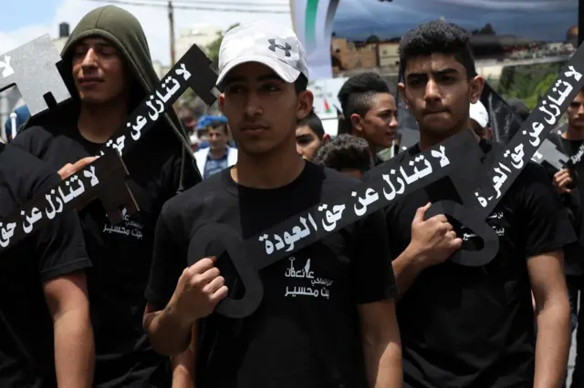 Jóvenes palestinos con llaves simbólicas