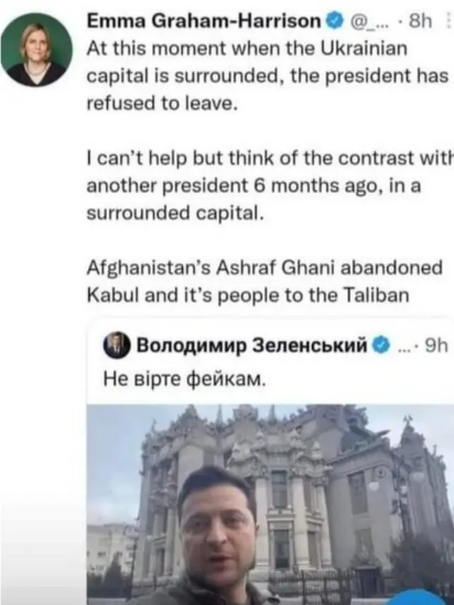 برخی از خبرنگاران خارجی نیز مقاومت آقای زلنسکی را با فرار آقای غنی از کابل در صفحات خود پوشش داده اند