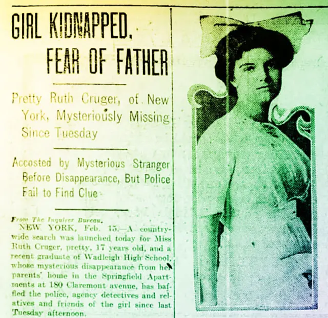 El caso de Ruth Cruger, reportado en un diario de febrero de 1917. (Imagen cortesía de Brad Ricca)