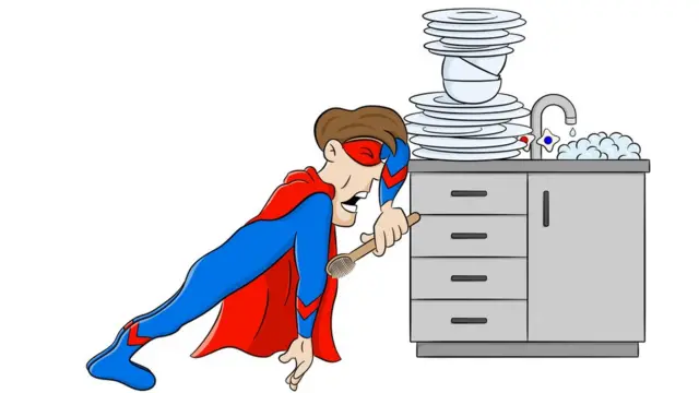 Superhombre llorando frente a platos sucios