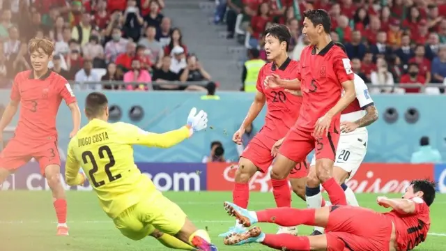 김영권이 호날두의 몸을 맞고 나온 공을 골로 연결시키고 있다