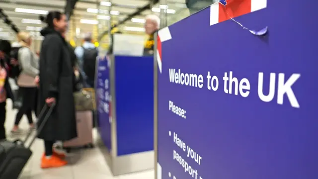 Welcome to the UK signage at UK Border Force check-in desks at Gatwick Airport, February 22nd 2023