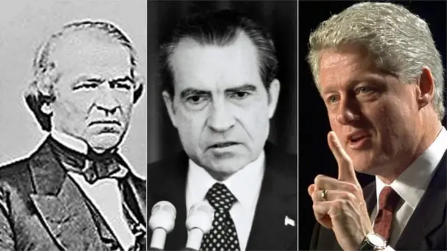 Andrew Johnson (kushoto) na Bill Clinton (kulia) waliwahi kukabiliana na mashtaka lakini hawakukutwa hatiani huku Nixon (katikati) alijiuzuru mwenyewe