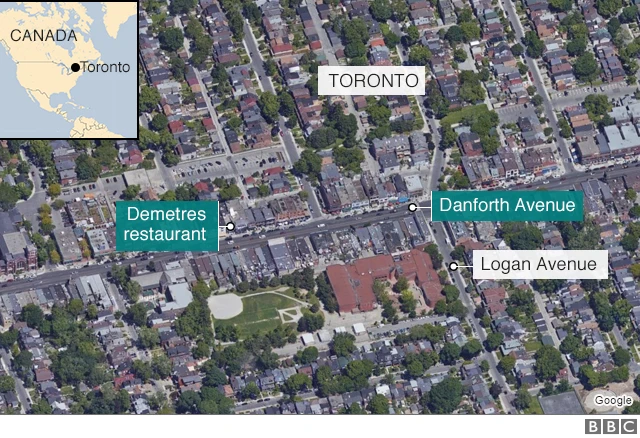 ダンフォース通り（Danforth Avenue）とローガン通り（Logan Avenue）、カフェのディミトゥレス（Demetres）の位置