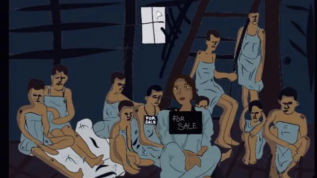 Cedars of Lebanon (Cedrus libani): Drawing of women inside room with for sale sign round some of dia neck