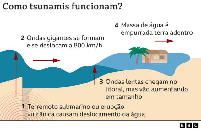 Gráfico que explica como tsunamis funcionam