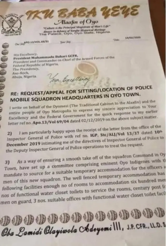 Lẹta ti Alaafin Ọyọ kọ nipa agbekalẹ ọwọ ileeṣẹ ọlọpaa kogberegbe si ilu Ọyọ