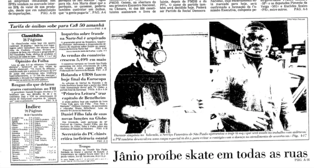 Na capa da Folha, a manchete 'Jânio proíbe skate em todas as ruas'