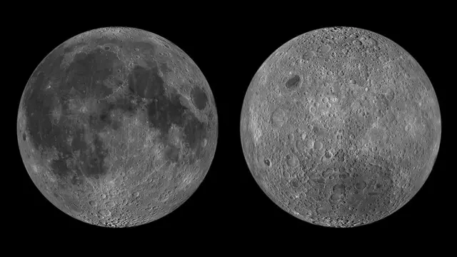 Imagem mostra dois lados da lua: o primeiro, com mais planíces basálticas escuras, é o que se vê da terra. O segundo, menos escuro, é o lado "novo" para nós